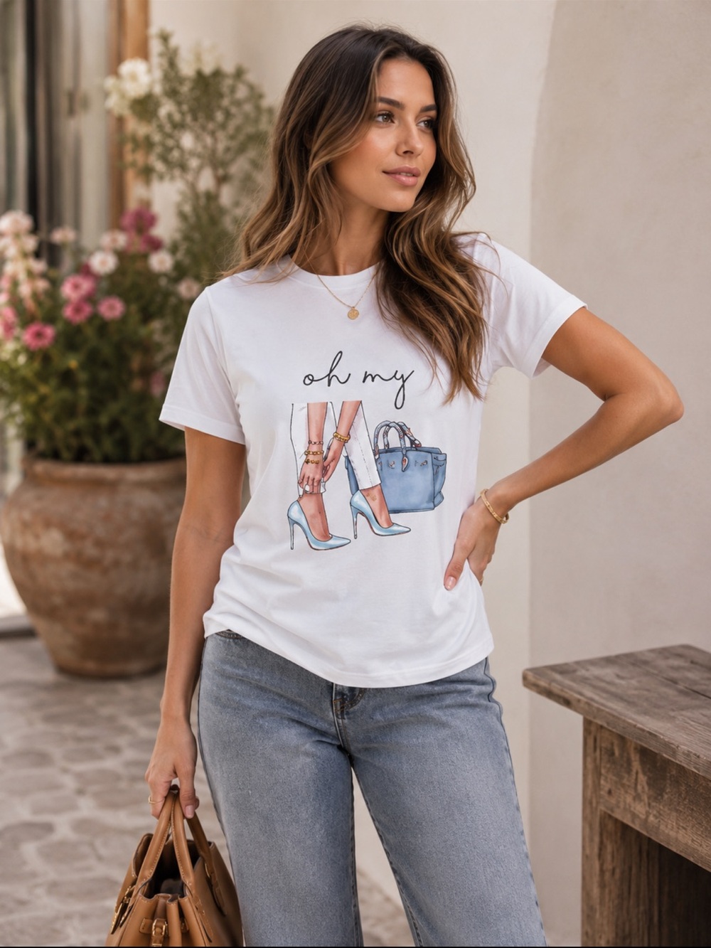 ShopEvelynne White Graphic Tee with Blue Accent